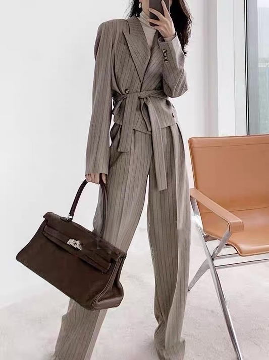 ストライプブレザー ワイドレッグパンツ ツーピースセット