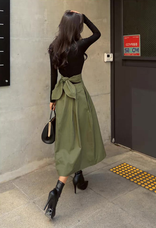 リボンハイウエストAラインロングスカート